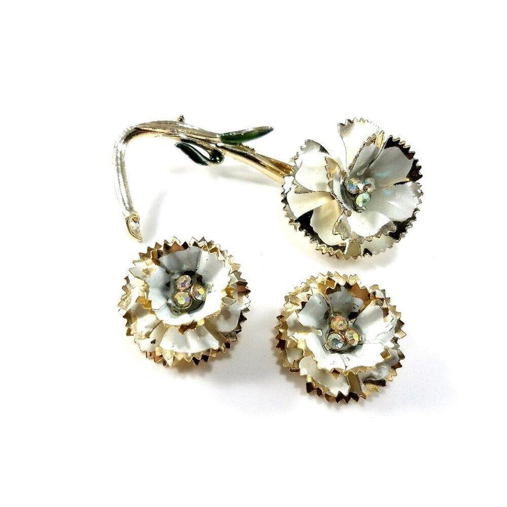 Vintage White Enamel Flower Brooch & Clip Earrings Set Gold Tone AB Rhinestones